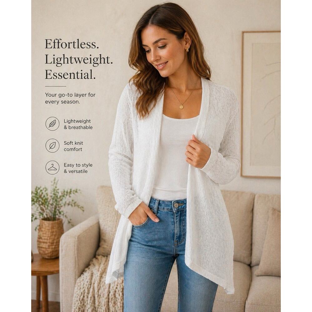 J Jill Cardigan Sweater Womens S White Linen Blend Open Front Lightweight Duster